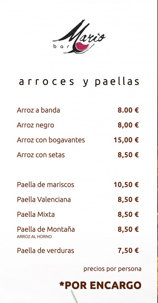Carta de Paellas Bar Mario